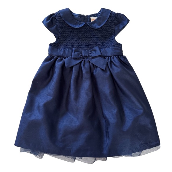 Gymboree Girls 3T Navy Blue Dress Smocked Bow Taffeta Design Peter Pan Collar - Picture 1 of 5